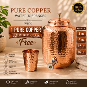 Pure Copper Water Dispenser with FREE Hammered Copper Glass | 4L 8L 12L 16L Copper Water Tank | Handmade Ayurvedic Drinkware