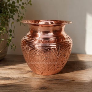 Pure Copper Kalash Pot Handmade Indian Pooja Vessel Ayurvedic Decor