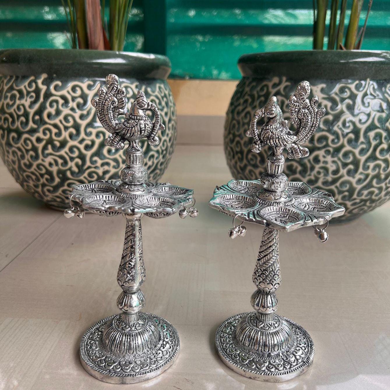German Silver Peacock Samayee, Set of 2 Peacock Samayee, Oil Lamp