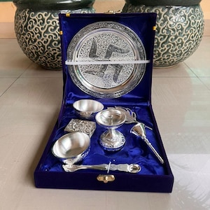 Thali premium brillante en plata alemana / Juego de vajilla Thali de plata en caja de regalo de terciopelo / Thali de plata pura / Juego de vajilla de lujo / Entrega gratuita