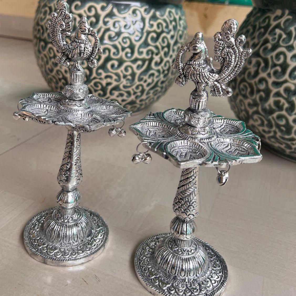 German Silver Peacock Samayee, Set of 2 Peacock Samayee, Oil Lamp