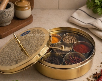 Brass Masala Box with Lid Handmade Indian Spice Box Kitchen Organizer Traditional Storage