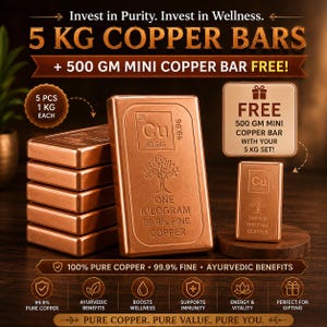 Könnte beinhalten: Fünf 1 kg Kupferbarren, vertikal gestapelt neben einem einzelnen 500 g Mini-Kupferbarren. Jeder Barren zeigt das chemische Symbol Cu, ein Baumemblem und den Text One Kilogram 99.9% Fine Copper oder 500 gm 999 Fine Copper mit Reinheitsangaben.