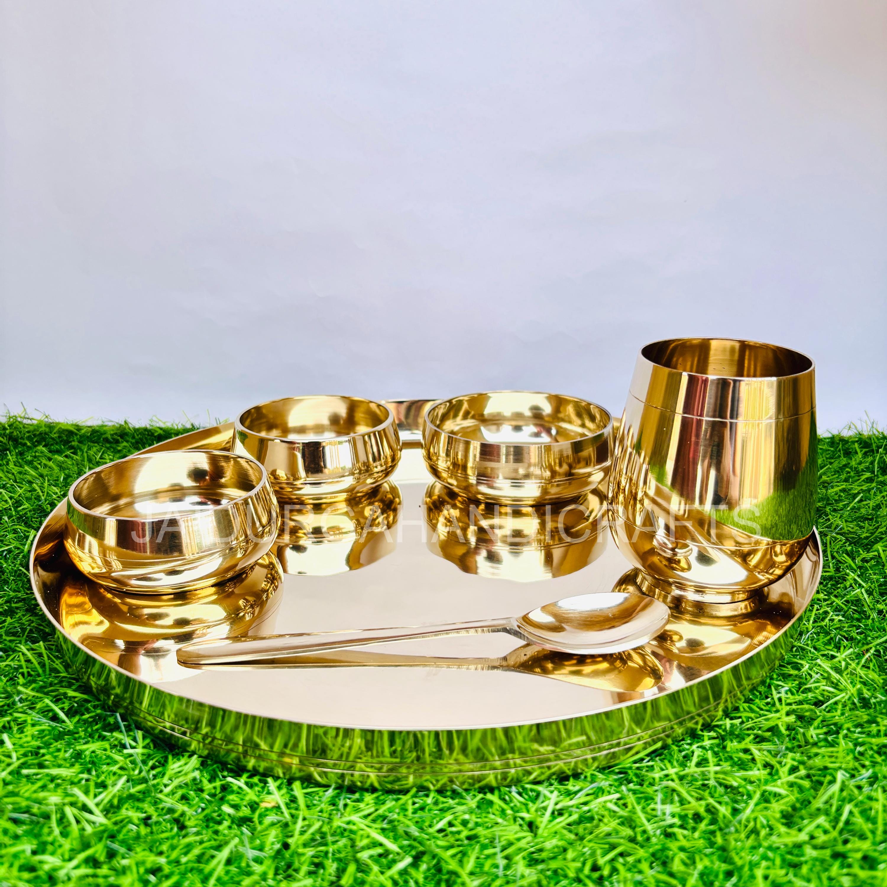 Pure Bronze Kansa Dinner Thali Set, 6-piece Plate, Bowls & Glass