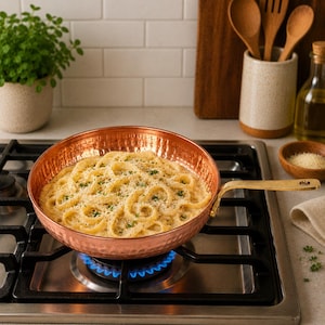 Könnte beinhalten: Eine gehämmerte Kupferpfanne mit Messinggriff steht auf einem Gasherd. In der Pfanne befindet sich eine Portion cremige Pasta, garniert mit Kräutern und geriebenem Käse. Die Außenseite der Pfanne weist eine strukturierte, genoppte Oberfläche auf.
