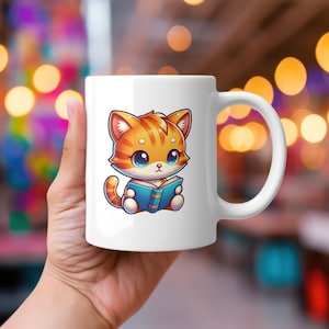 Cartoon Cat Reading a Book Mug Cat Lover Gift Cartoon Kitty Cute Kitty Coffee Mug Adorable Cat Cup Kitty cup Coffee Lover Cat Mug