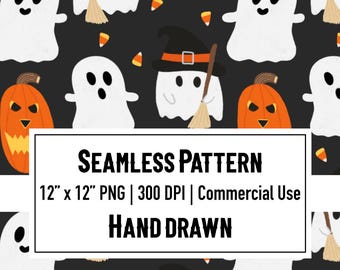 Spooky Seamless Pattern, Ghost Pumpkin Candy Corn Digital Paper, Halloween Fabric Design, Scrapbook Paper