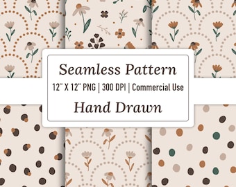 Boho Floral Seamless Pattern, Digital Scrapbook Paper Pack, Earthy Digital Papers