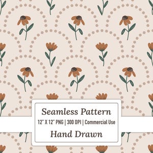 May include: A seamless pattern featuring hand-drawn orange flowers with dark green stems and leaves arranged within dotted arches on a light beige background. A white rectangular label displays the text: Seamless Pattern, 12" X 12" PNG | 300 DPI | Commercial Use, Hand Drawn.