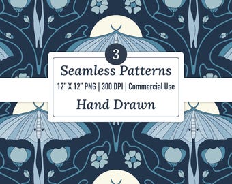 Blue Luna Moth Art Nouveau Seamless Pattern Files, Digital Scrapbook Paper