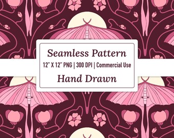 Pink Luna Moth Art Nouveau Seamless Pattern File, Digital Scrapbook Paper