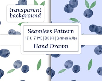 Watercolor Blueberries Seamless Pattern, Digital Scrapbook Paper, Transparent Background png