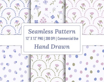 Whimsical Floral Seamless Pattern Pack, Hand Drawn Digital Scrapbook Paper (Commercial Use)