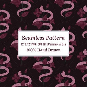 May include: A seamless pattern featuring light pink snakes intertwined with dark purple flowers on a dark brown background. A white rectangular box in the center contains the text: Seamless Pattern, 12" X 12" PNG | 300 DPI | Commercial Use, 100% Hand Drawn.