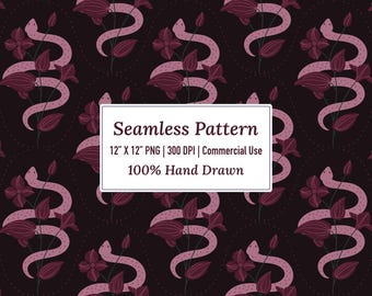 Serpent Florals Seamless Pattern, Digital Scrapbook Paper, Snake Pattern