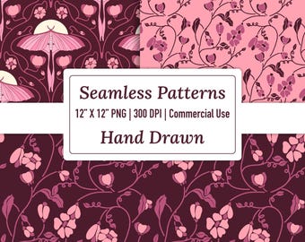 Pink Luna Moth Art Nouveau Seamless Pattern Files, Digital Scrapbook Paper