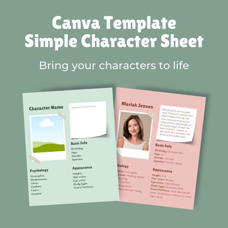Character Sheet Canva Template Character Profile Template for Writers