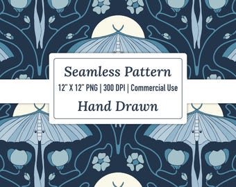 Luna Moth Art Nouveau Seamless Pattern File, Digital Scrapbook Paper