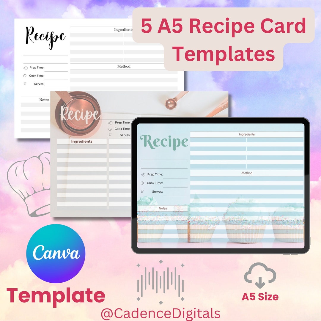 A5 Recipe Card Template, Canva, 5 Designs, Black and White, Color