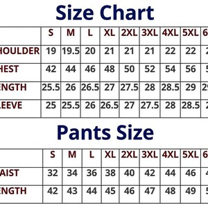 May include: A clothing size chart displaying measurements for shoulder, chest, length, and sleeve, ranging from S to 6XL. A second section details trousers sizes, including waist and length measurements, also from S to 6XL. Measurements are in inches.