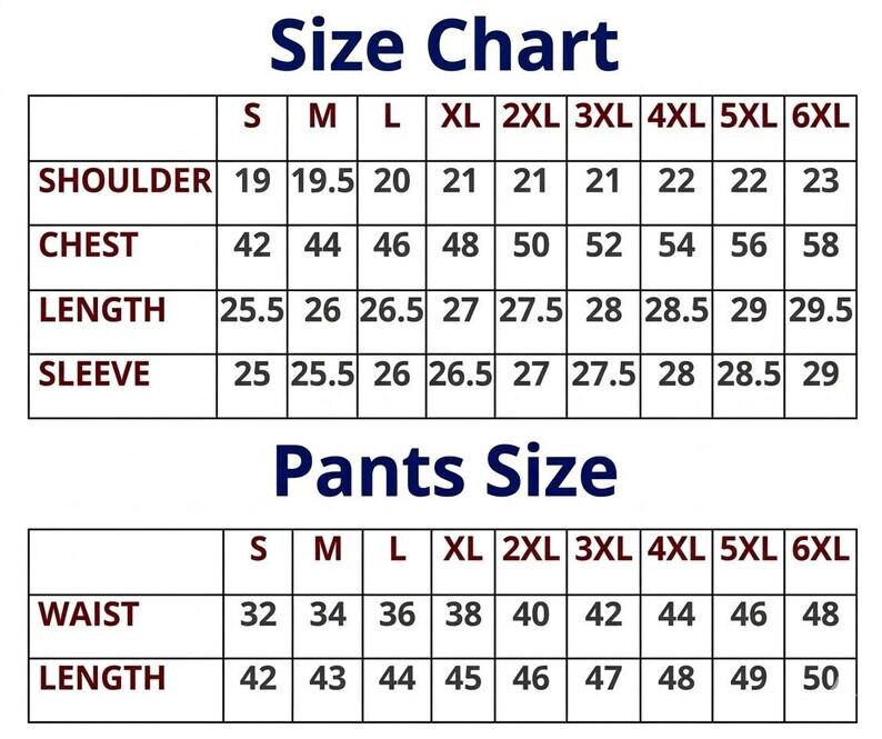 May include: A clothing size chart displaying measurements for shoulder, chest, length, and sleeve, ranging from S to 6XL. A second section details trousers sizes, including waist and length measurements, also from S to 6XL. Measurements are in inches.