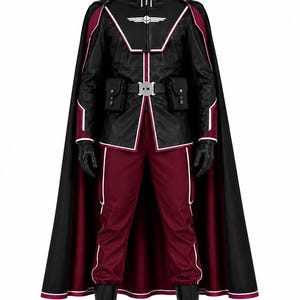 May include: A black and maroon uniform featuring a structured jacket with a white winged emblem, a matching cape with maroon lining, maroon trousers with white piping, black gloves, and black boots. The jacket includes two front pockets.