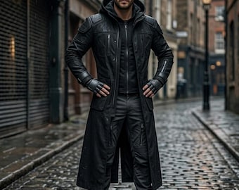Men’s Black Tactical Trench Coat, Hooded Futuristic Long Jacket, Sci Fi Cosplay Outerwear