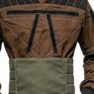 May include: A brown and black jumpsuit with a green waist belt. The jumpsuit has black accents on the shoulders and chest, with white stitching details. The sleeves are long, and the gloves are white.
