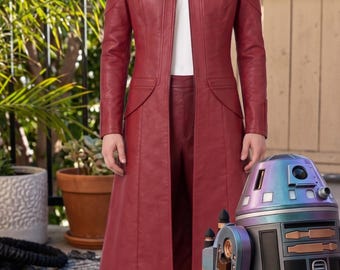 Abrigo rojo de piel sintética de guerrero fantástico – Chaqueta de cosplay para juegos de rol para hombres y mujeres