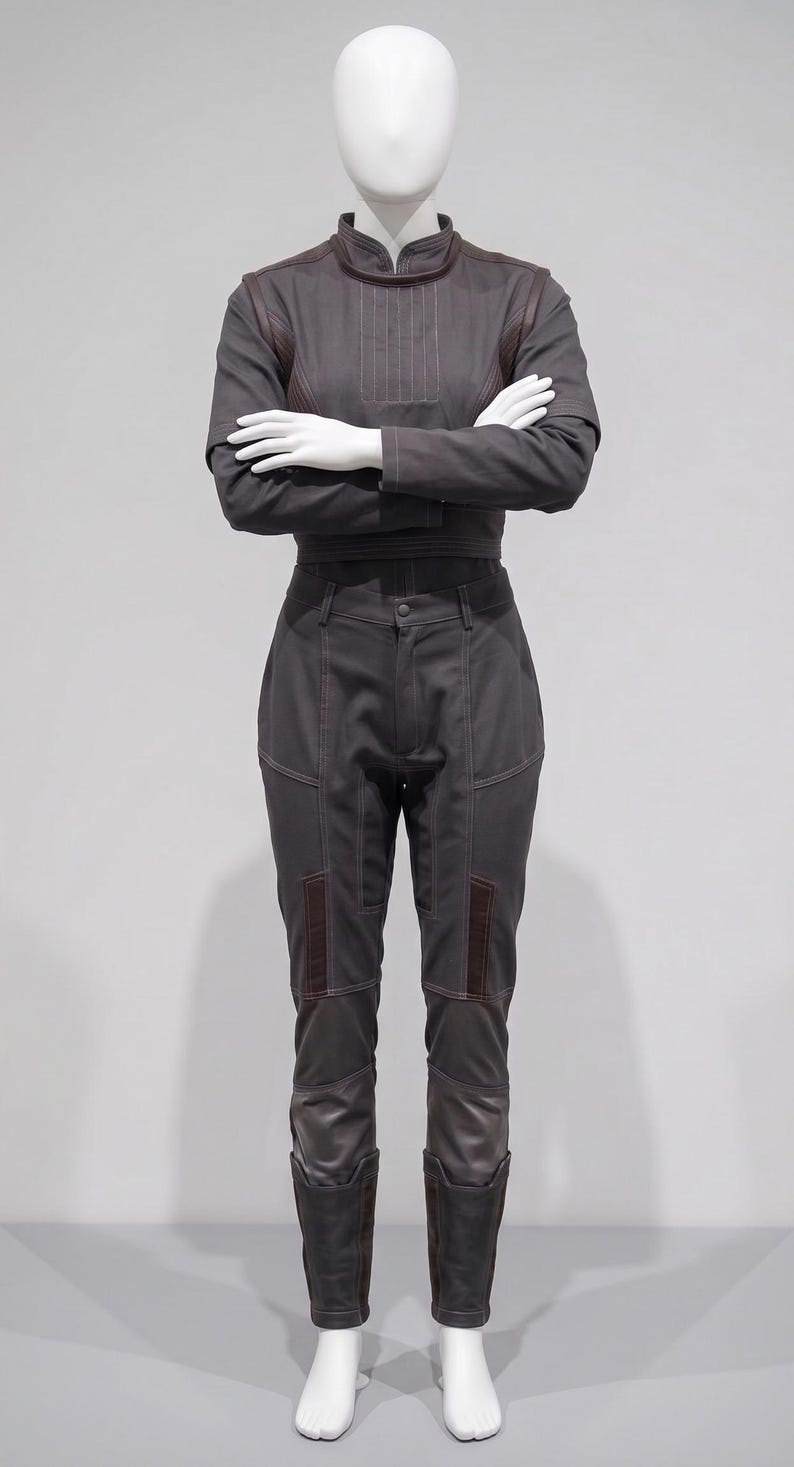 May include: A dark grey jumpsuit on a mannequin. The outfit has a high collar, long sleeves, and fitted trousers with brown accents. The stitching and paneling details enhance the design. The mannequin's arms are crossed.