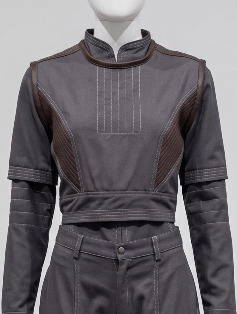 May include: A grey two-piece outfit with brown detailing and white stitching. The top features a high collar and quilted shoulder panels. The trousers have a button fastening and a tailored cut. The outfit is displayed on a mannequin.