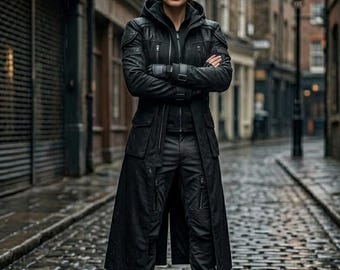 Women’s Black Hooded Tactical Coat, Cyberpunk Stealth Trench Jacket for Cosplay and Streetwear