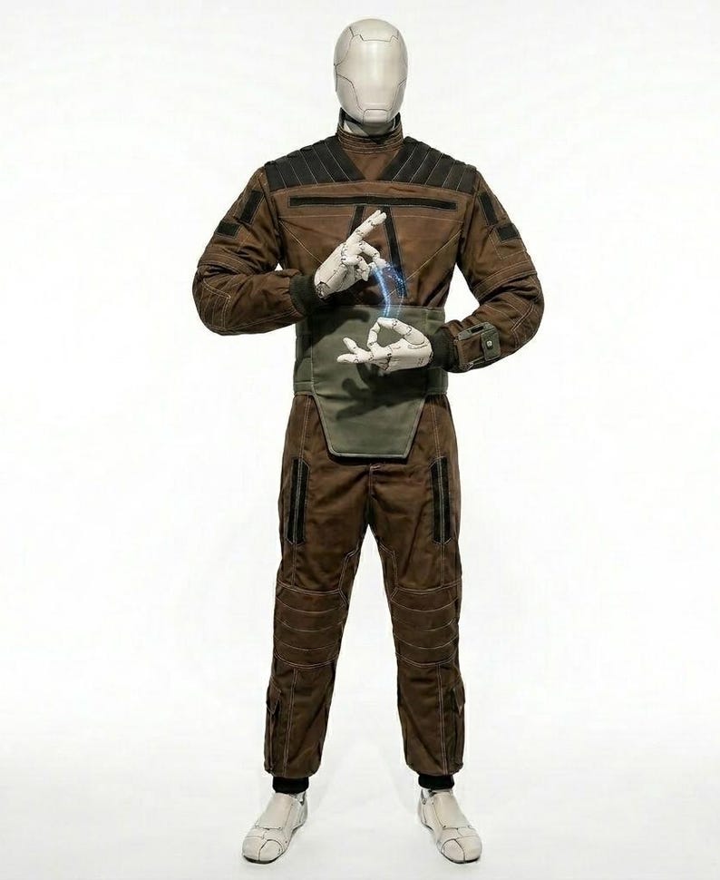 May include: A brown jumpsuit with black accents and a green waist protector. The outfit includes a high collar, multiple pockets, and padded sections on the knees. The figure is wearing white gloves and shoes. A blue energy effect is between the hands.