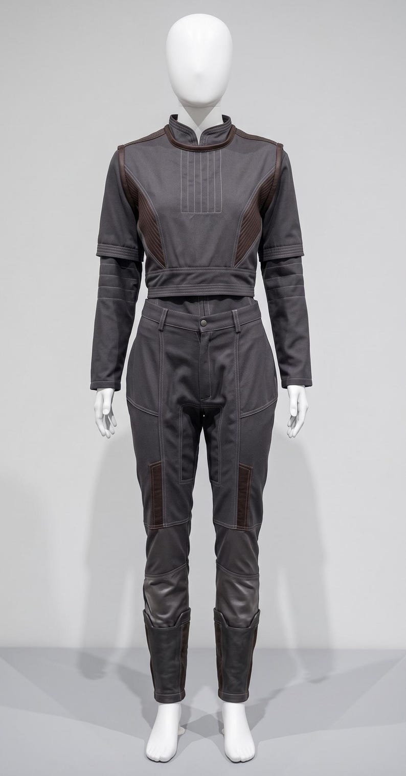 May include: A grey two-piece outfit displayed on a mannequin. The top features long sleeves and a high collar with brown detailing. The high-waisted trousers have brown patches on the knees and lower legs. The outfit is designed with visible stitching.