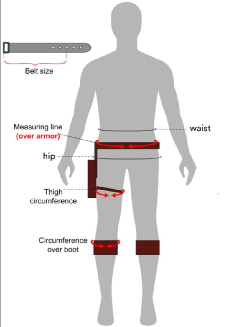 Puede incluir: Diagrama que muestra c&oacute;mo medir para un cintur&oacute;n, la cadera, la circunferencia del muslo y la circunferencia sobre la bota. El diagrama muestra a una persona usando un cintur&oacute;n, una armadura de cadera, una armadura de muslo y una armadura de bota.