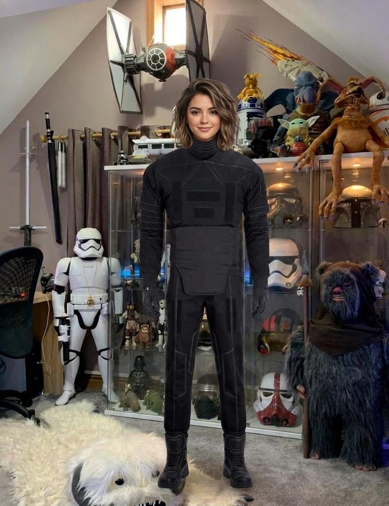 May include: A person wearing a black jumpsuit with a high collar, gloves, and boots, standing in a room filled with Star Wars memorabilia. A Stormtrooper figure and a Wampa rug are visible.