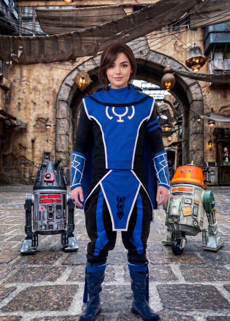 May include: A blue and black tunic with a white circular emblem on the chest, matching blue and black pants, and blue boots. The outfit is flanked by two small robotic droids, one dark gray with red accents and one beige with orange accents.