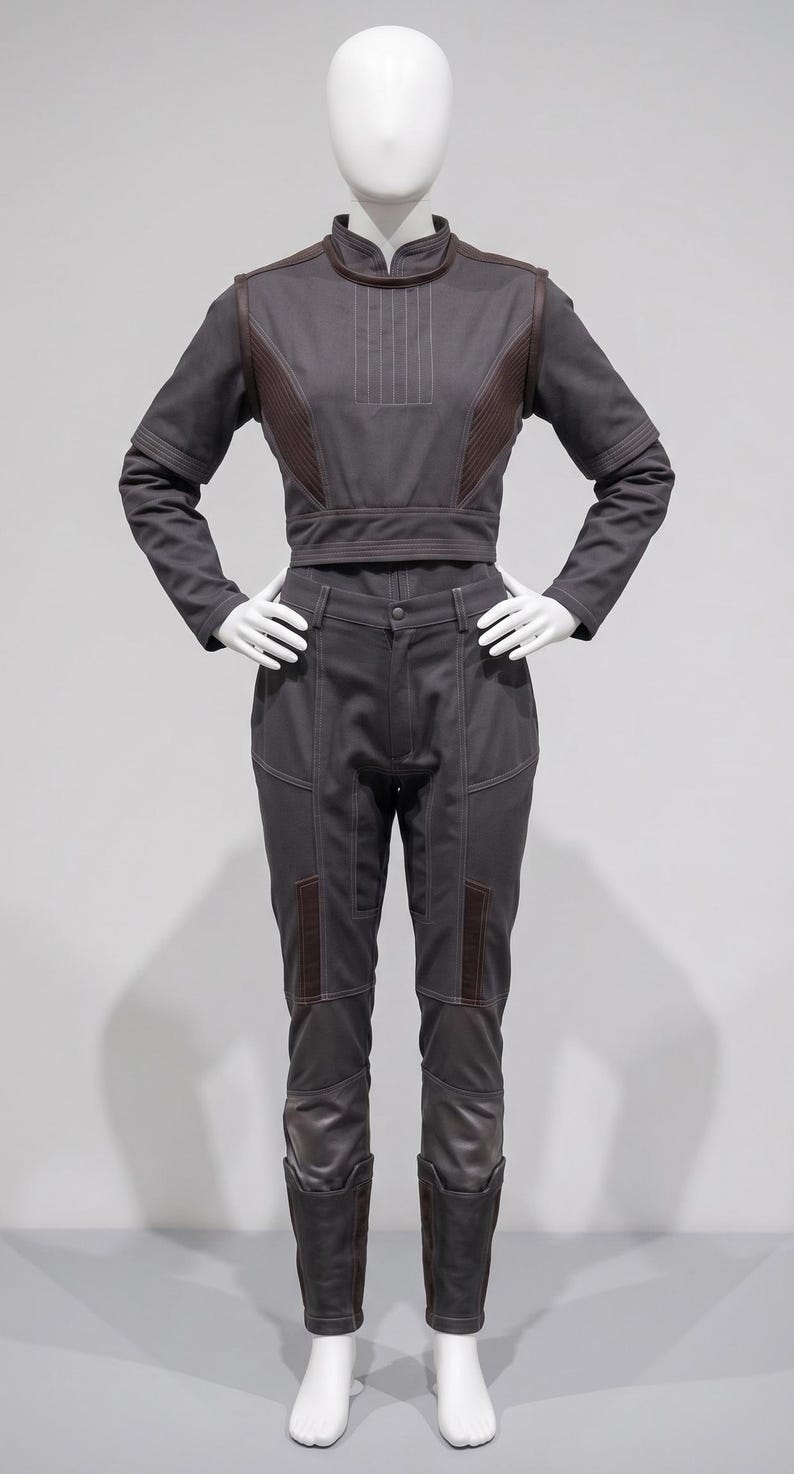May include: A grey jumpsuit on a mannequin. The outfit has a high collar, long sleeves, and a cropped top with brown accents. The trousers are fitted with knee pads and the boots are dark brown.