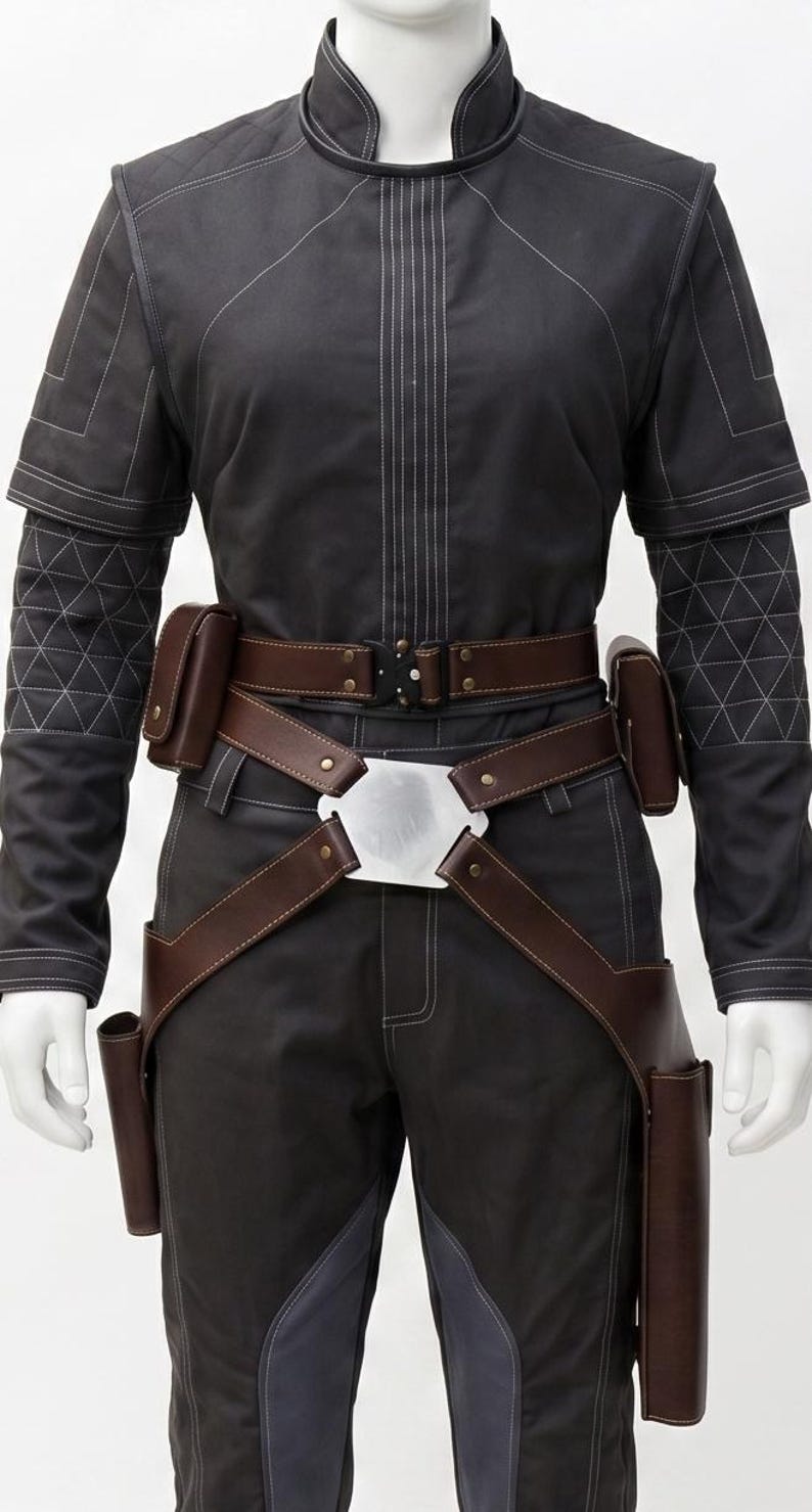 May include: A dark grey jumpsuit with white stitching and a brown leather belt and holster system. The outfit features a high collar, short sleeves, and a silver buckle. The trousers have grey panels on the sides.