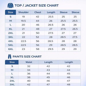 Op de afbeelding: Een maattabel voor tops, jassen en broeken met afmetingen in inches. Het bovenste gedeelte toont schouder-, borst-, lengte- en mouwmaten voor de maten S tot 6XL. Het onderste gedeelte toont taille- en lengtematen voor de maten S tot 5XL.