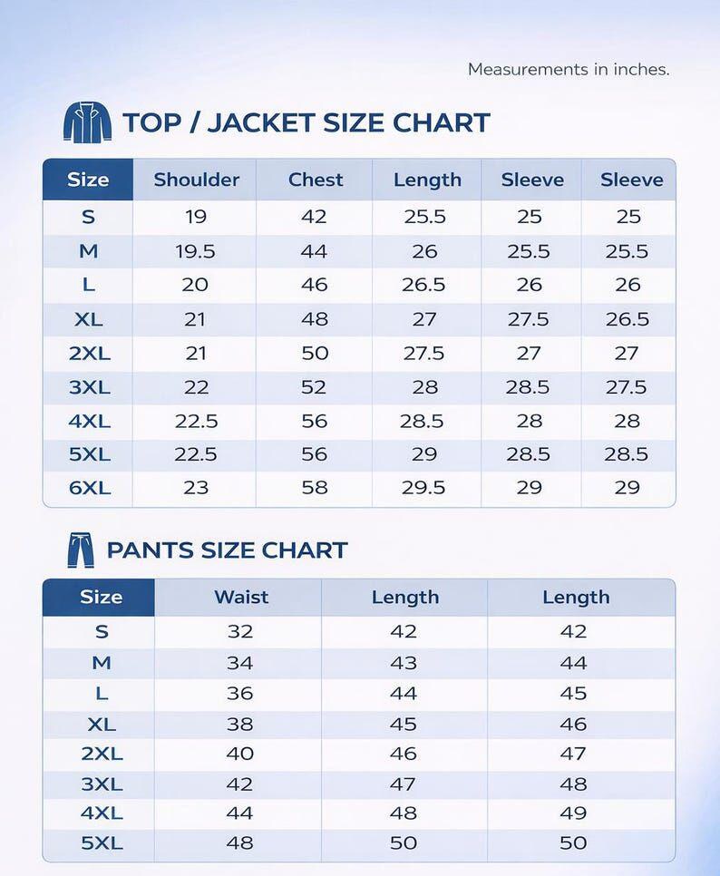 Op de afbeelding: Een maattabel voor tops, jassen en broeken met afmetingen in inches. Het bovenste gedeelte toont schouder-, borst-, lengte- en mouwmaten voor de maten S tot 6XL. Het onderste gedeelte toont taille- en lengtematen voor de maten S tot 5XL.