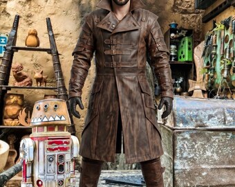 Brown Leather Duster Coat, Medieval Steampunk Trench, Bounty Hunter Cosplay Costume Long Jacket High Collar