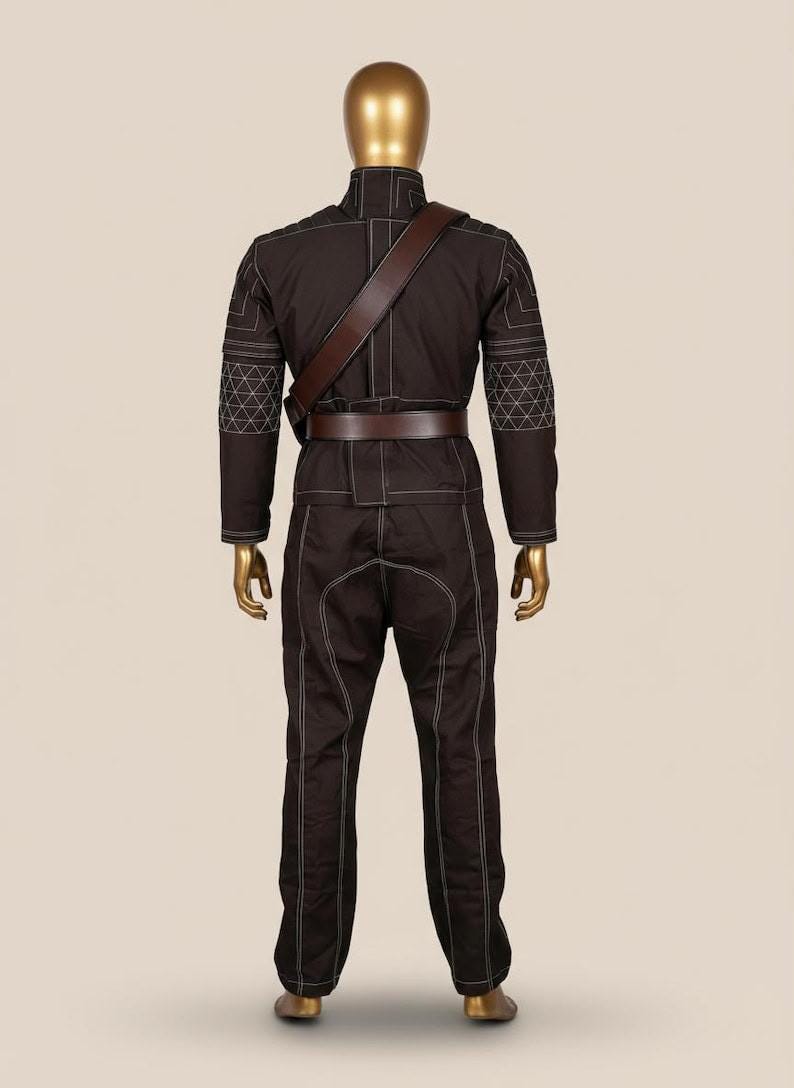 May include: A dark brown long-sleeved jacket and matching trousers set on a gold mannequin. The outfit features white contrast stitching, a high collar, quilted elbow patches, and a brown leather-like belt with a diagonal shoulder strap.