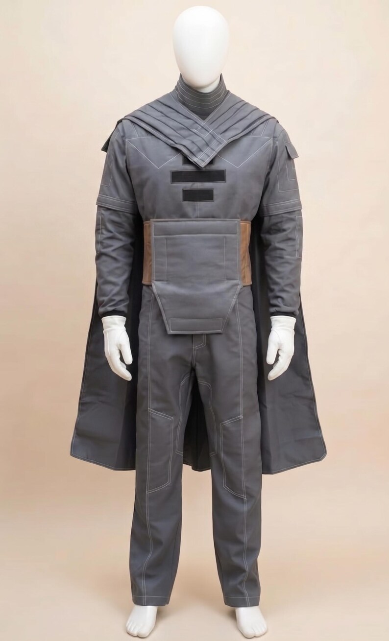 May include: A gray costume with a long cape, pants, and a jacket with a high collar. The jacket has a geometric design and a brown belt. The costume is displayed on a mannequin with white gloves.