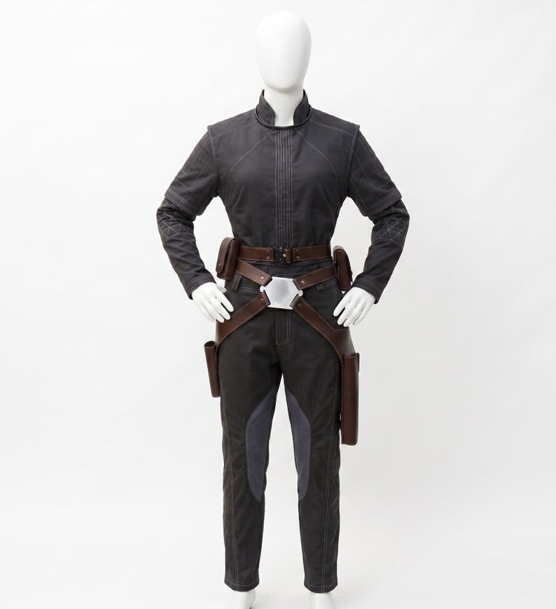 May include: A dark grey jumpsuit with a high collar, long sleeves, and a brown leather belt with pouches. The trousers have grey panels on the front. The outfit is displayed on a mannequin.