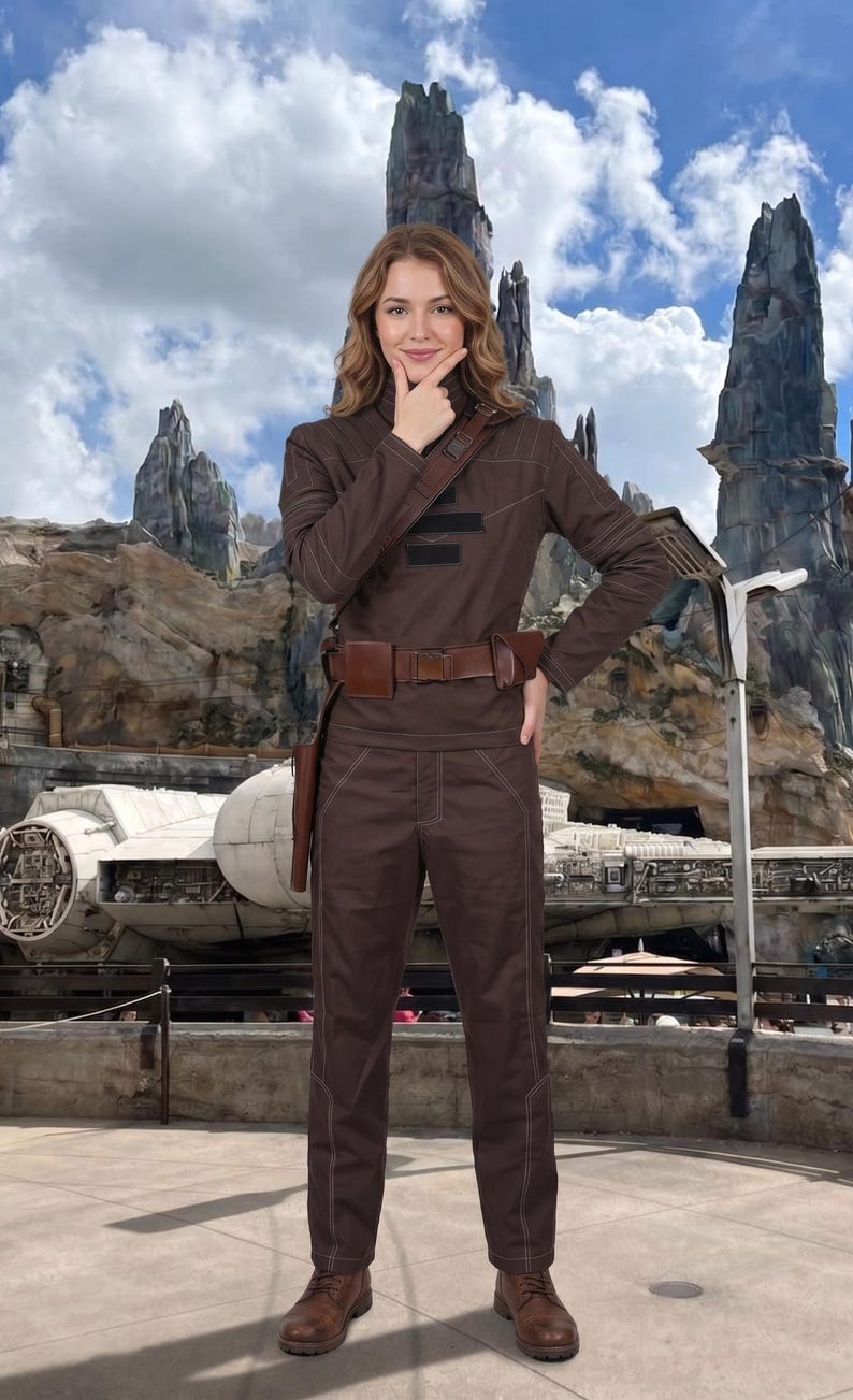 May include: A brown jumpsuit with white stitching, a brown belt, and matching boots. The outfit includes a holster and a shoulder strap. The background features a rock formation and a spaceship.