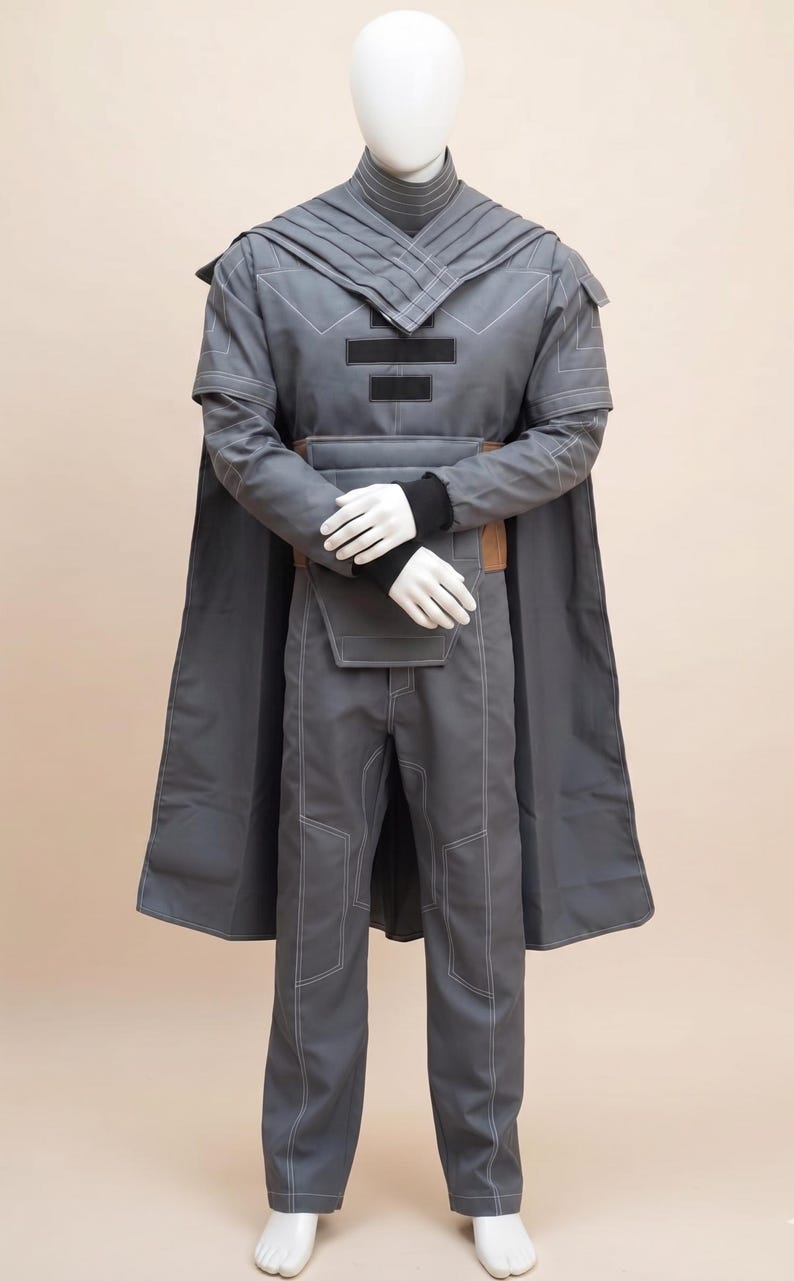 May include: A gray costume displayed on a mannequin. The outfit includes a long coat, pants, and a top with a high collar. White stitching details the seams. The costume has a cape and a belt with a brown leather accent.