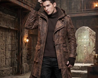 Distressed Canvas Trench Coat – Rugged Tactical Long Jacket, Wasteland Drifter Coat, Gothic Cyberpunk Duster