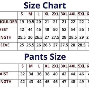 May include: A size chart for apparel featuring two tables with dark blue text on a white background. The top table lists shoulder, chest, length, and sleeve measurements for sizes S through 6XL. The bottom table lists waist and length measurements.