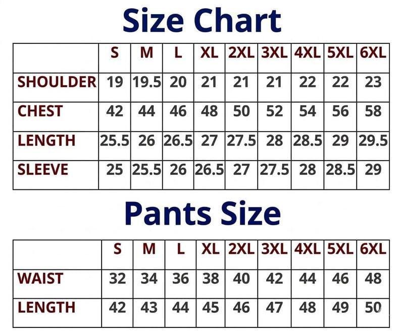 May include: A size chart for apparel featuring two tables with dark blue text on a white background. The top table lists shoulder, chest, length, and sleeve measurements for sizes S through 6XL. The bottom table lists waist and length measurements.
